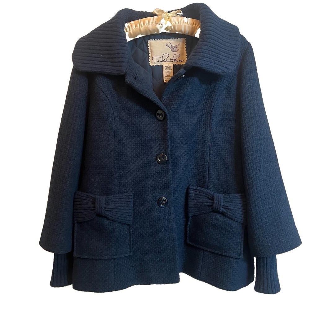 Tabitha Anthropologie Wool Blend Coat Wide Ribbed Collar Bow Accents Women's M